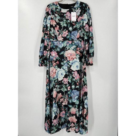 OPT Women's Talk About It Maxi Dress Black Floral Long Sleeve Viscose/Flax sz L - Picture 1 of 8